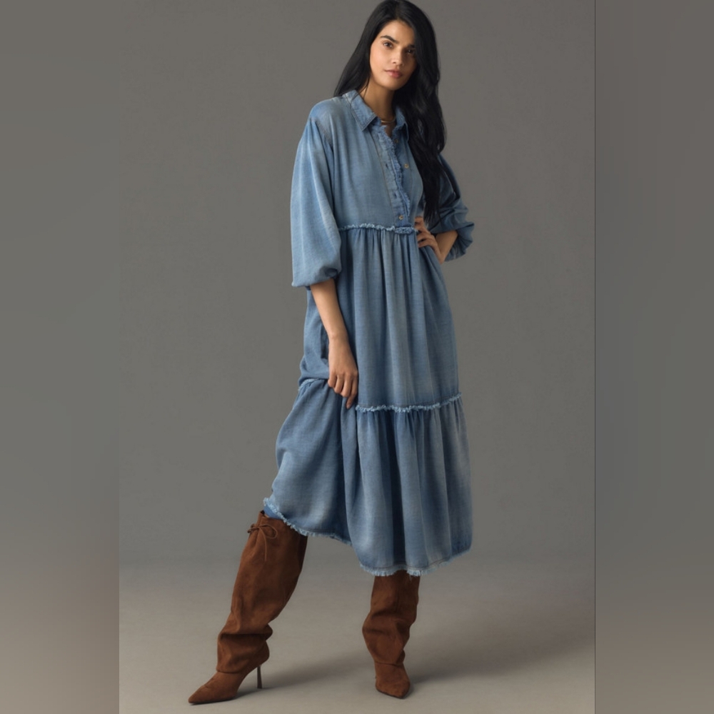 Anthropologie Blue Denim Midi Shirt Dress